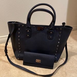 Navy blue studded Michael Kors bag with wallet